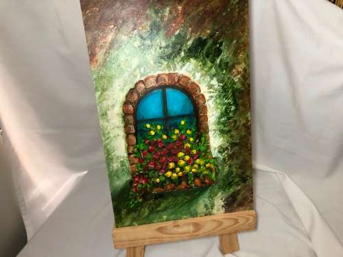 WINDOW GARDEN PAINTING BY ANLI - SMALL EASEL INCLUDED