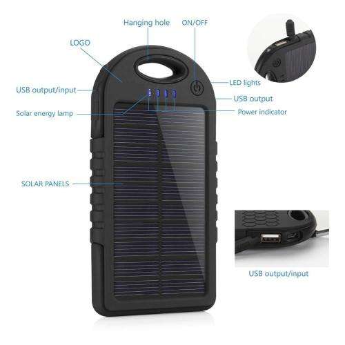 Power Bank 5000mAh Water Resistant with LED light - Solar powered