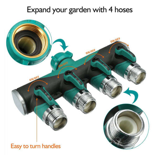 4- Way Metal Garden Hose Splitter,Fits With Outdoor Faucet,Sprinkler  Irrigation Systems, Leak Proof