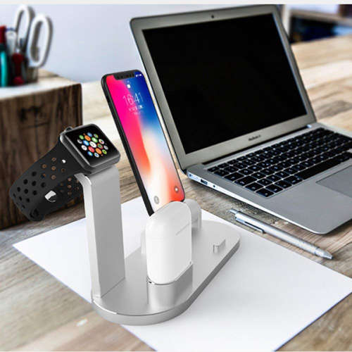3 in 1 Aluminum Charging Dock Stand For iWatch Airpods iPhone-Silver Unboxed