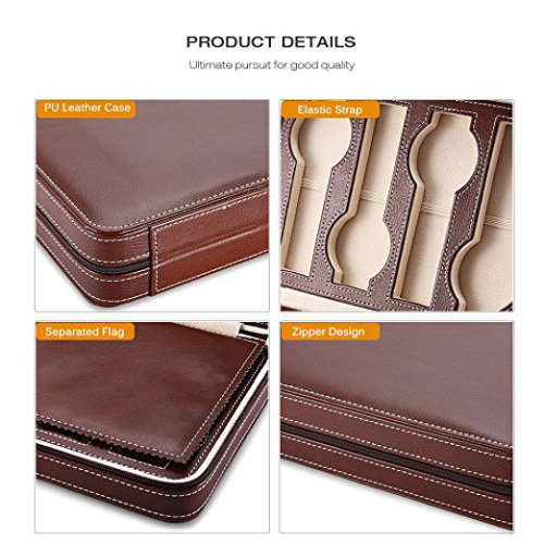 8 Slots Zippered Watch Box Travel Watch Storage Case Portable Organizer - Brown