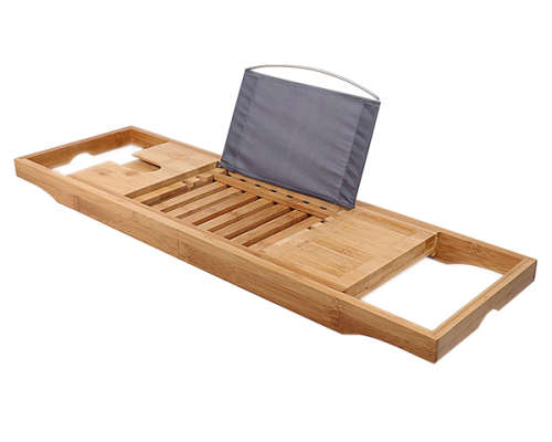 Bamboo Bathtub Caddy Tray with Extending Sides, Cellphone Tray and Wine Glass Holder Unboxed