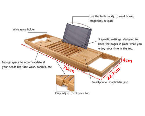 Bamboo Bathtub Caddy Tray with Extending Sides, Cellphone Tray and Wine Glass Holder Unboxed