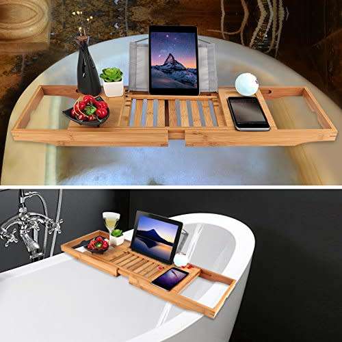 Bamboo Bathtub Caddy Tray with Extending Sides, Cellphone Tray and Wine Glass Holder Unboxed