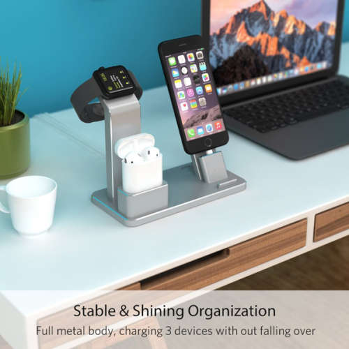 Aluminum 3 in 1 Charging Dock Station For AirPods iWatch iPhone-Silver Unboxed