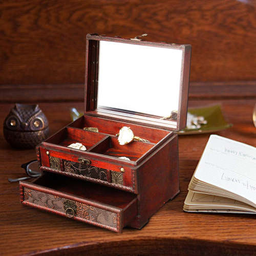 Antique Flower Carved Wooden Jewelry Storage Box Unboxed