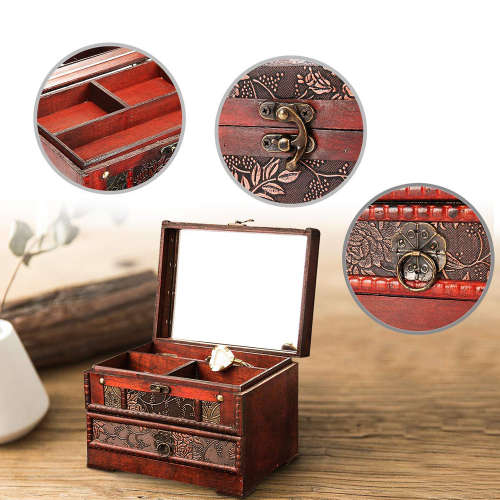 Antique Flower Carved Wooden Jewelry Storage Box Unboxed