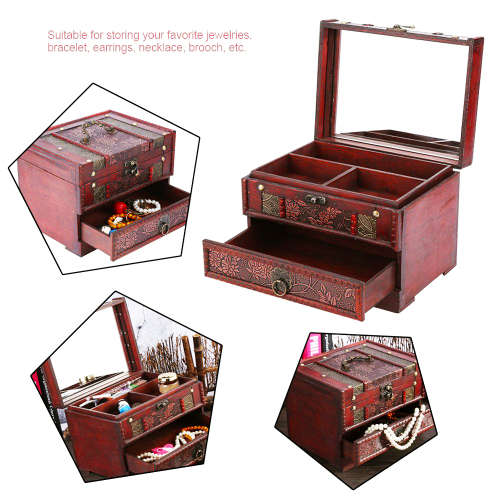 Antique Flower Carved Wooden Jewelry Storage Box Unboxed