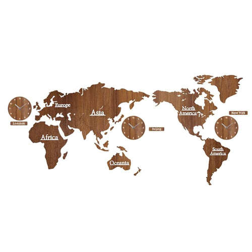 DIY 3D Wooden World Map Wall Clock-Brown Unboxed