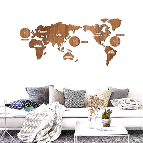 DIY 3D Wooden World Map Wall Clock-Brown Unboxed
