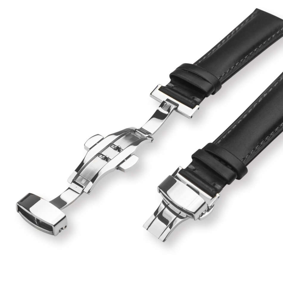 15mm Width Leather Watch Band Strap with Butterfly Buckle - Silver Buckle Unboxed