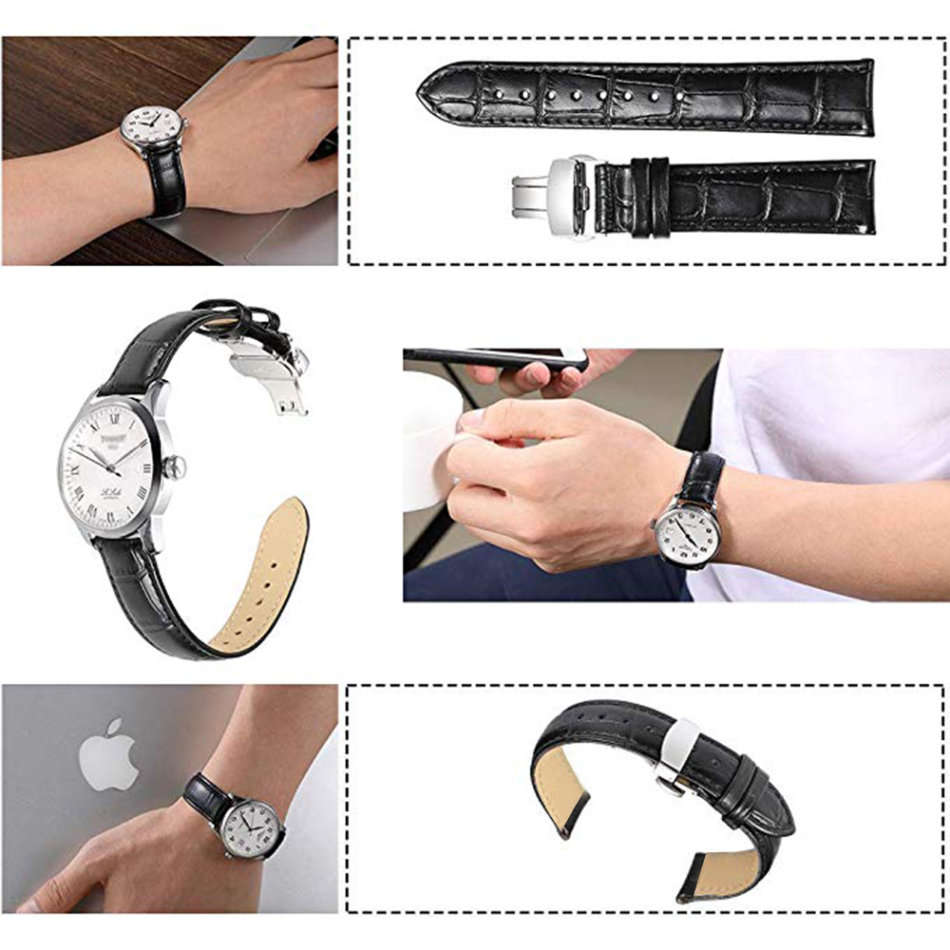 15mm Width Leather Watch Band Strap with Butterfly Buckle - Silver Buckle Unboxed