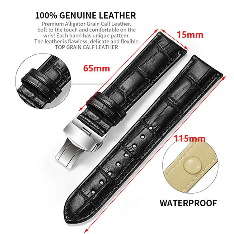 15mm Width Leather Watch Band Strap with Butterfly Buckle - Silver Buckle Unboxed