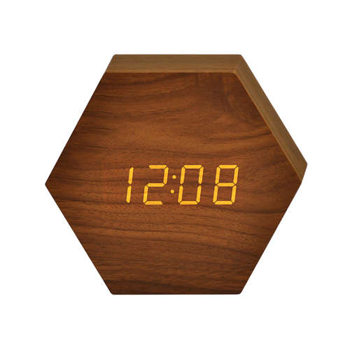 Hexagon Wood Digital Desk Alarm Clock - Brown Unboxed