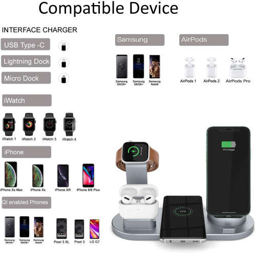 4 in 1 Wireless Charging Dock for iWatch/Airpods Pro/iPhone 11Pro-Silver Unboxed