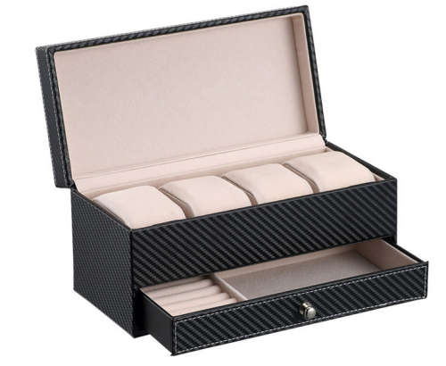4 Slot Leather Watch Storage Box Case With Drawer Unboxed