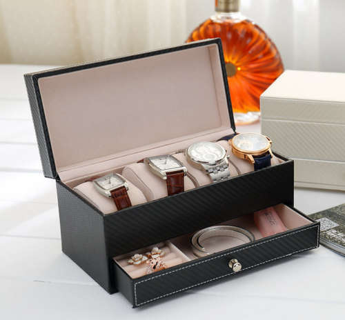 4 Slot Leather Watch Storage Box Case With Drawer Unboxed