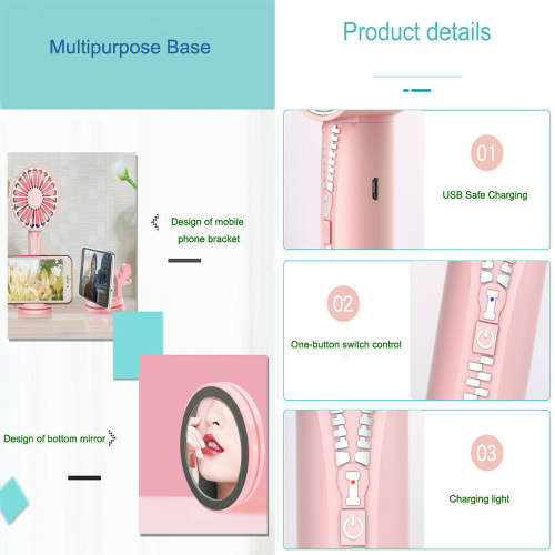 3 in 1 Creative Mini Handheld USB Zipper Fan - Pink Unboxed