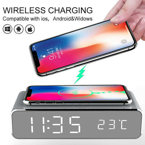 Multifunction Digital LED Desk Alarm Clock Thermometer Wireless Charger Unboxed
