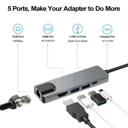 5 in 1 USB C Hub Multiport Adapter with 4K HDMI Output - Grey Unboxed