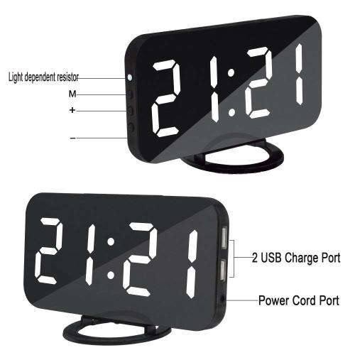 Large LED Display Digital Alarm Clock with Dual USB-Black&White Unboxed