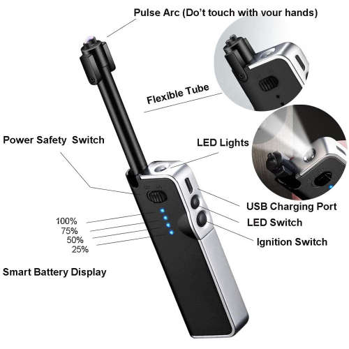 Portable USB Retractable Plasma Lighter with Flashlight - Black
