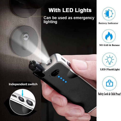 Portable USB Retractable Plasma Lighter with Flashlight - Black