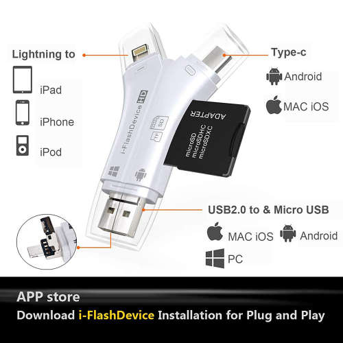 i-Flash Device 4 in 1 SD TF Card Reader for iPhone iPad Android Cellphone