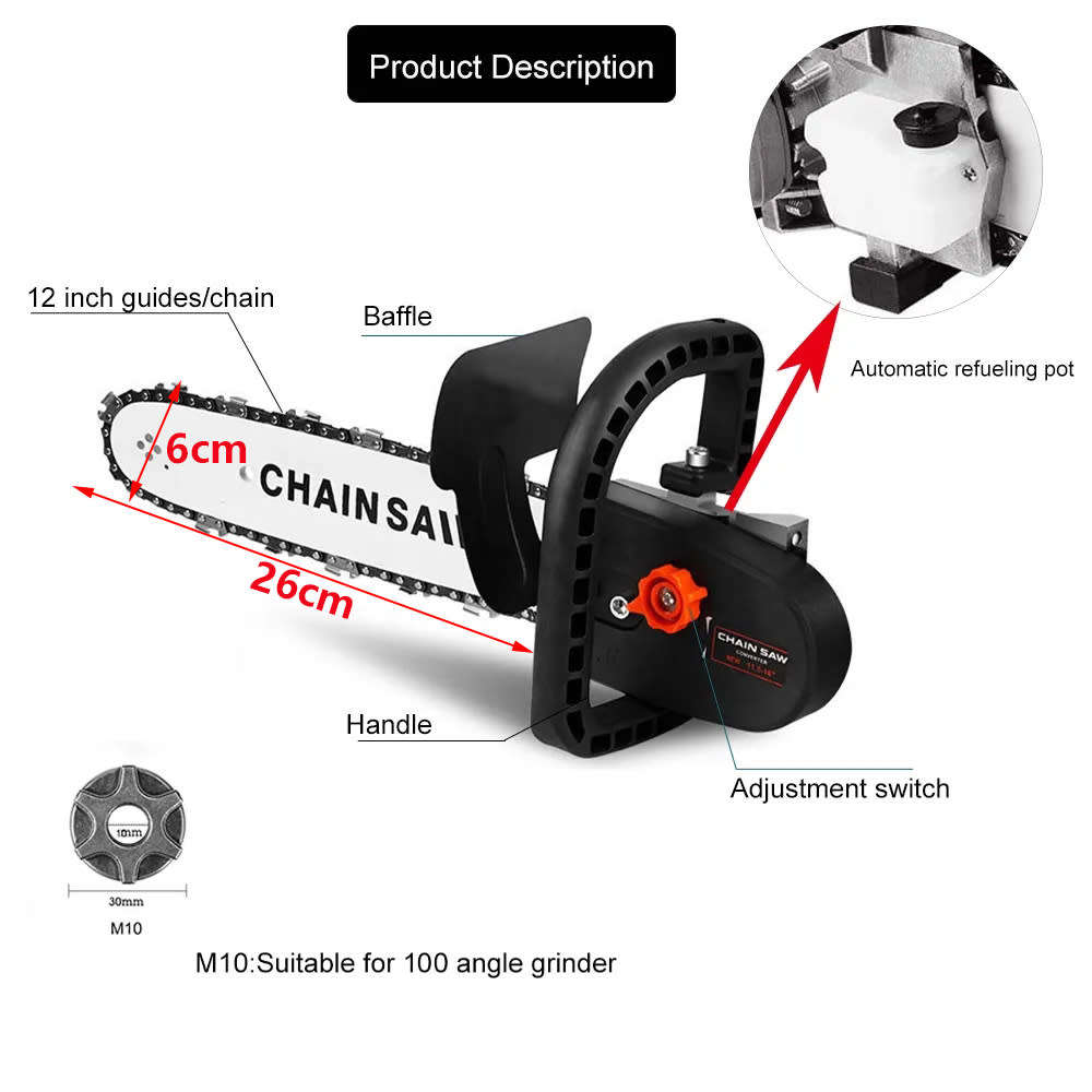 12 Inch Chainsaw Converter Set For M10 Angle Grinder,Chainsaw Adapter Converter Bracket DIY Kit Chai