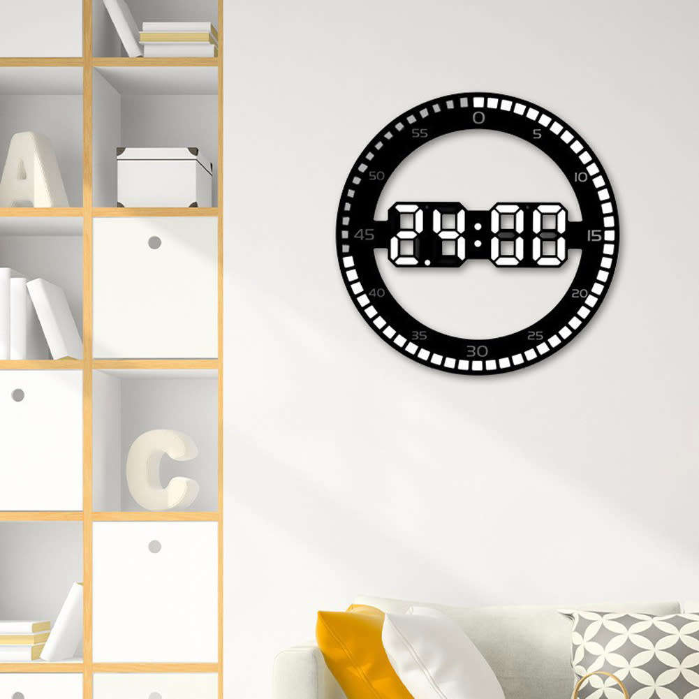 3D LED Digital Wall Clock Electronic Night Glow Round Wall Clock-White Led
