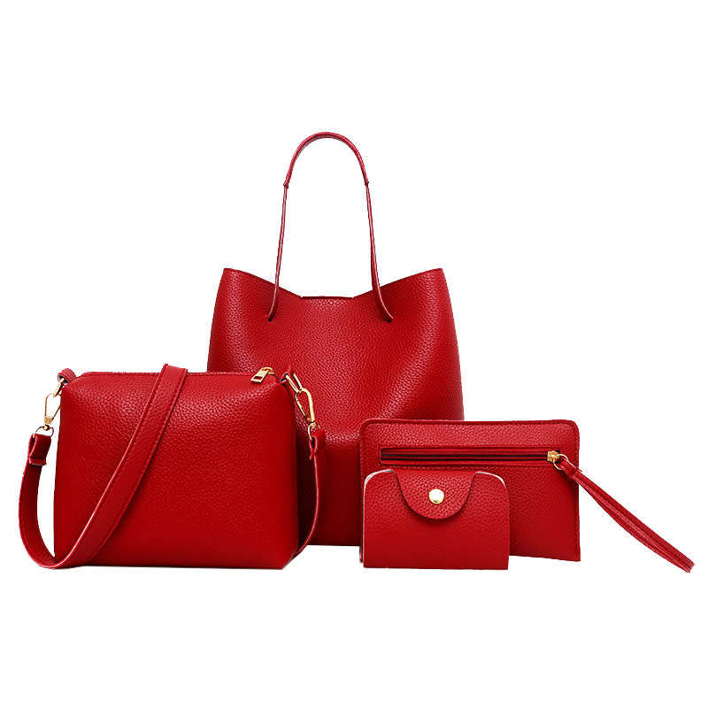 4 Pieces/Set PU Leather Women Handbag Shoulder Bag Tote Card Holder - Red