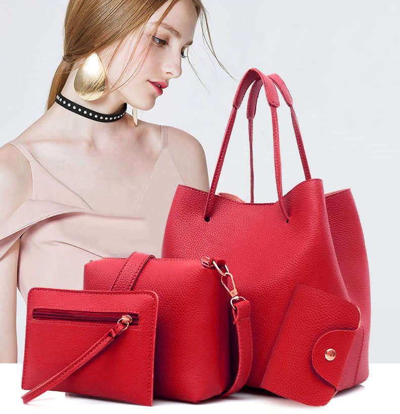 4 Pieces/Set PU Leather Women Handbag Shoulder Bag Tote Card Holder - Red