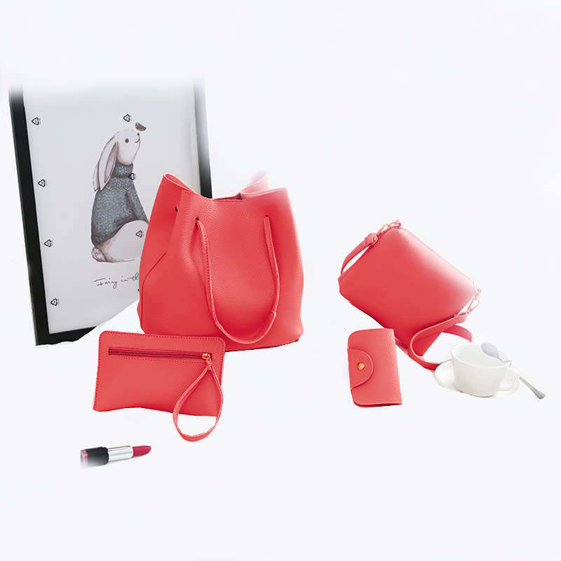 4 Pieces/Set PU Leather Women Handbag Shoulder Bag Tote Card Holder - Red