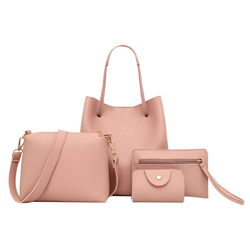 4 Pieces/Set PU Leather Women Handbag Shoulder Bag Tote Card Holder - Pink