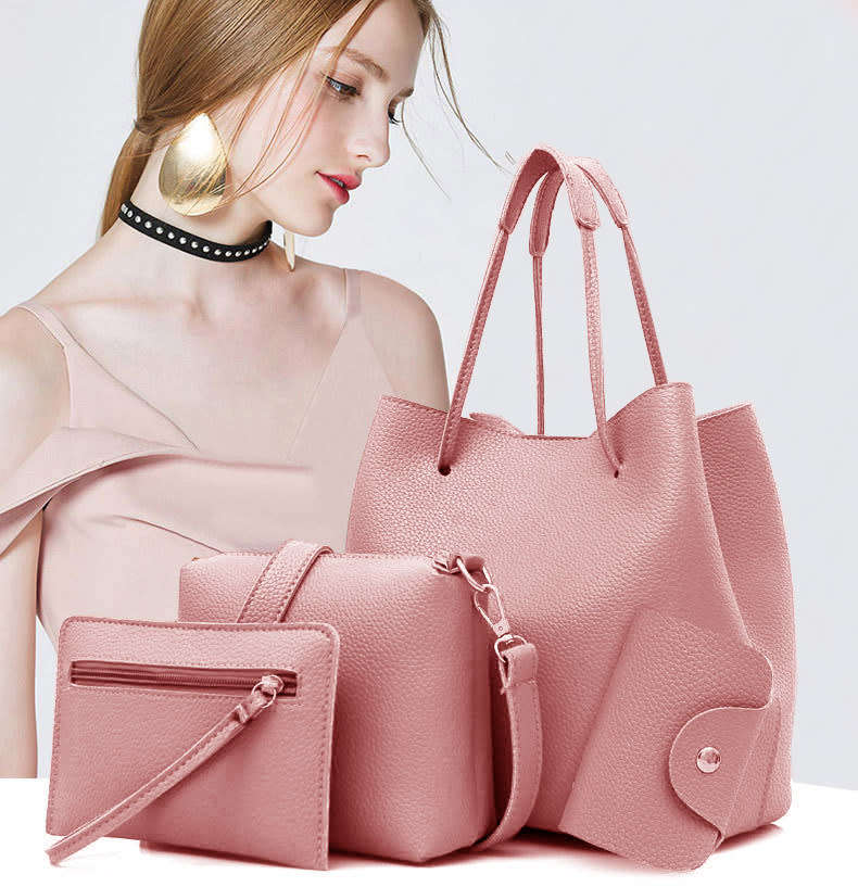 4 Pieces/Set PU Leather Women Handbag Shoulder Bag Tote Card Holder - Pink