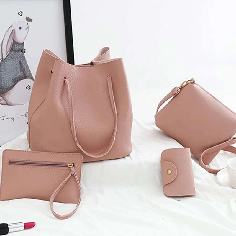 4 Pieces/Set PU Leather Women Handbag Shoulder Bag Tote Card Holder - Pink