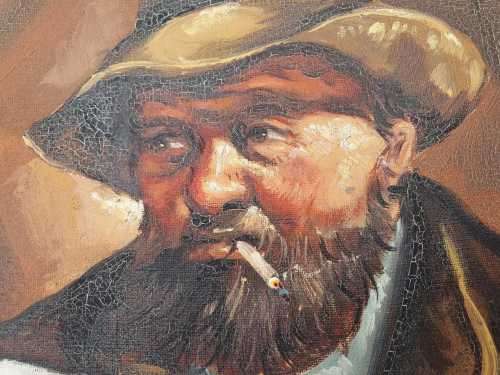 Diaz '73 original paint on canvas of men smoking x2