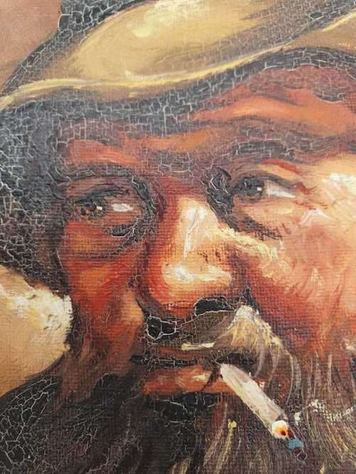 Diaz '73 original paint on canvas of men smoking x2