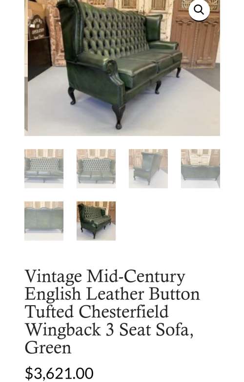Collection Only - Antique Green Leather High Back Chesterfield Sofas and Ottoman