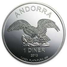NOT OFTEN SEEN-  ANDORRA 1 DINAR- .999 SILVER 1 OUNCE BULLION COINS