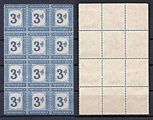 High Value 1932-42 3d Indigo & Milky Blue Postage Due (SACC 27a)  Mint block of 12. CV=R6,000+