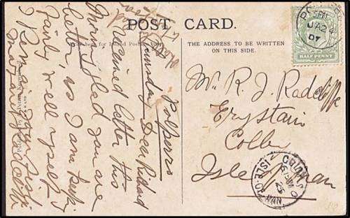 Very Scarce 1907 "POLPERRO" to "COLBY_ISLE OF MAN" = Postmark Missing the Month/Year