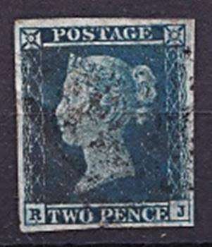 Superb1841 Queen Victoria 2d Blue Imperf SG 14, Blued Paper.  4 x Very Fine Margins - Light Cancel!