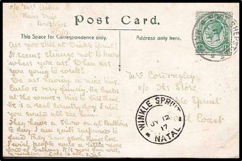 Very Rare 1917 "WINKLE SPRUIT" Cancel on Postcard sent from "PORT SHEPSTONE"