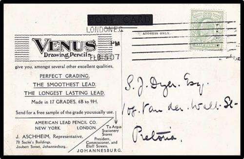 Excellent and Scarce `VENUS` Drawing Pencils Postcard sent from `LONDON` to Pretoria (1915)