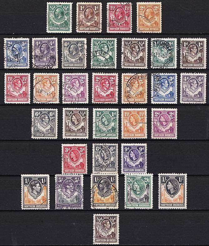 Northern Rhodesia Kings & Queens (KGV, KGVI & QEII) Used selection incl 1d Coil (SACC.26a)