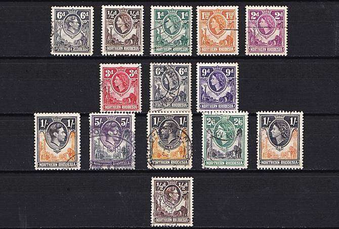 Northern Rhodesia Kings & Queens (KGV, KGVI & QEII) Used selection incl 1d Coil (SACC.26a)