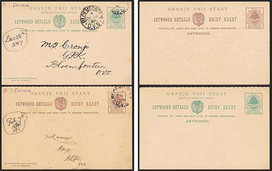 4 x Prepaid OFS Prepaid Postcards - 2 x 1897 & 1898 Used Postcards sent from "BLOEMFONTEIN"