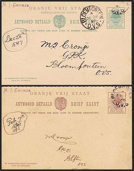 4 x Prepaid OFS Prepaid Postcards - 2 x 1897 & 1898 Used Postcards sent from "BLOEMFONTEIN"