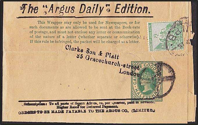 CoGH Newspaper Wrapper - Cape Town to London (1d extra Postage) - Fantastic TARGET Obliterator
